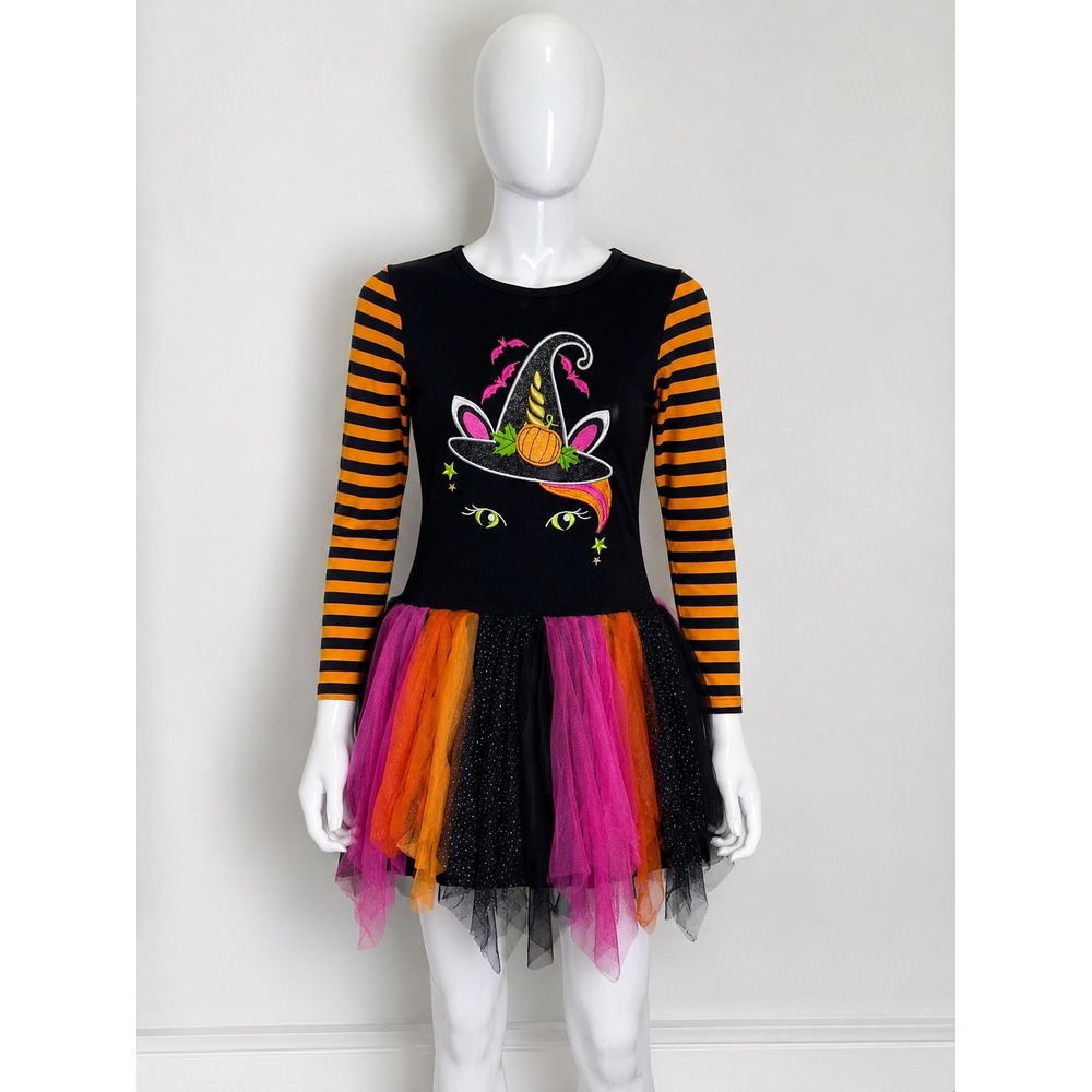 Emily Rose Girls Halloween Unicorn Witch Tulle Dress Black Orange Stripe Size 8